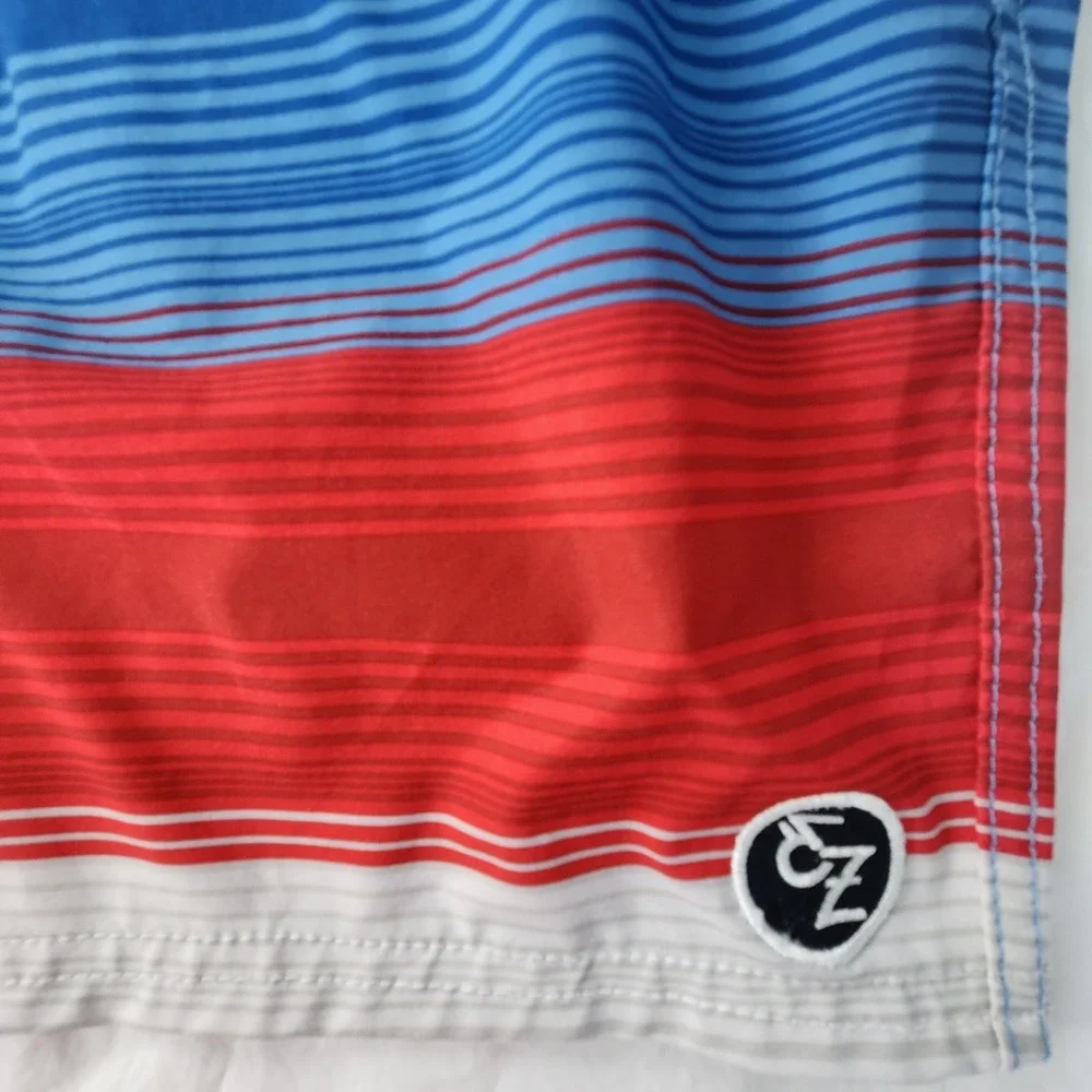 Ezekiel Mens Swim Trunks Blue Red Striped Board Shorts Size 36 Stretch Quick Dry